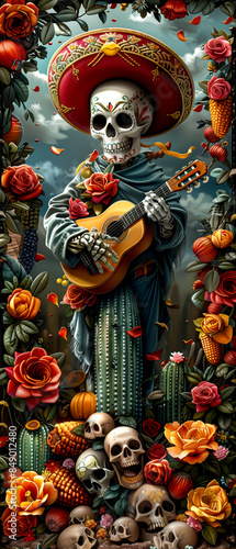 A man dressed as a skeleton playing a guitar. The image is a colorful and vibrant representation of Mexican culture and music © Bonya Sharp Claw