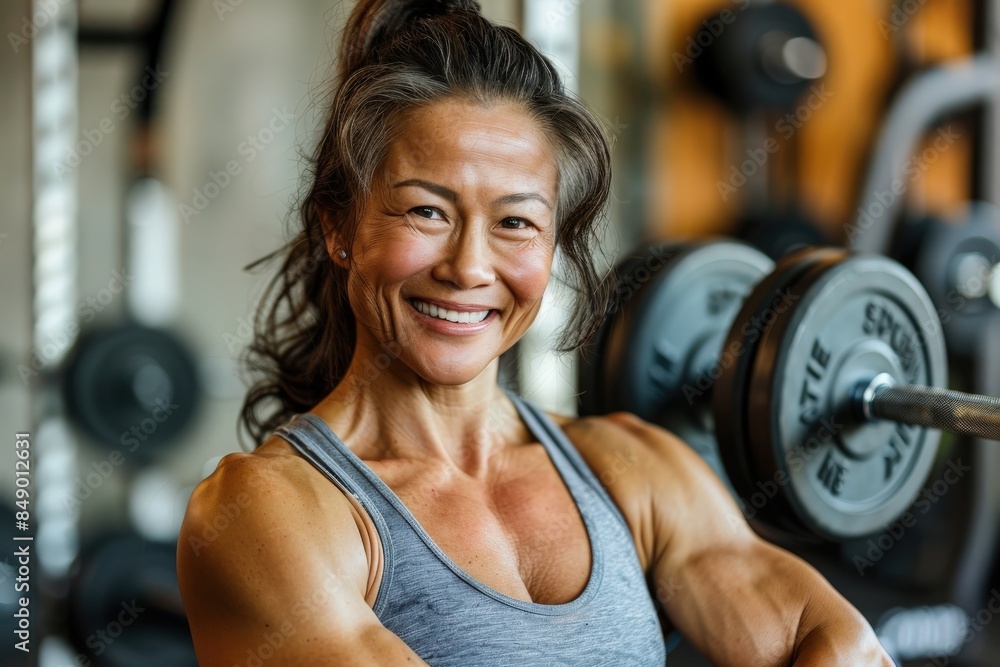 A mature Asian woman smiles confidently as she prepares to lift weights in the gym. A mature Asian woman smiles confidently as she prepares to lift weights in the gym.