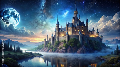 Majestic castle in a mystical night landscape , night, landscape, castle, fantasy, majestic, mystical, dark, mysterious