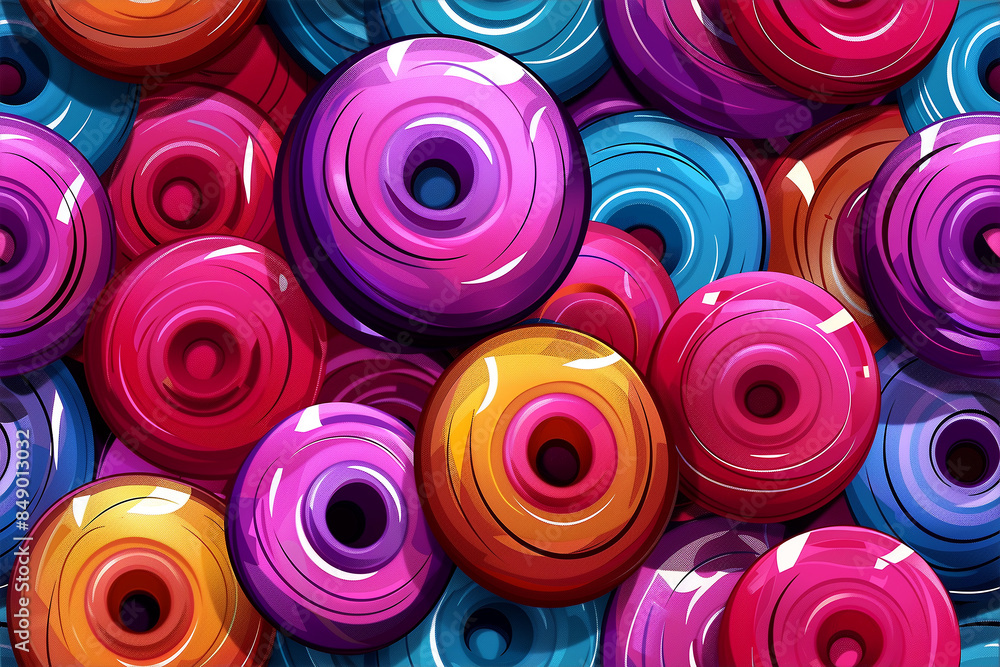 A variety of vibrant skateboard wheels are neatly piled together, displaying an array of colors like blue, purple, green, and pink A variety of vibrant skateboard wheels are neatly piled together, displaying an array of colors like blue, purple, green, and pink