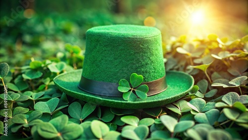 St. Patrick's Day hat with a 4 leaf clover on top of a pile of leaves, St. Patrick's Day, hat, clover, four leaf, lucky
