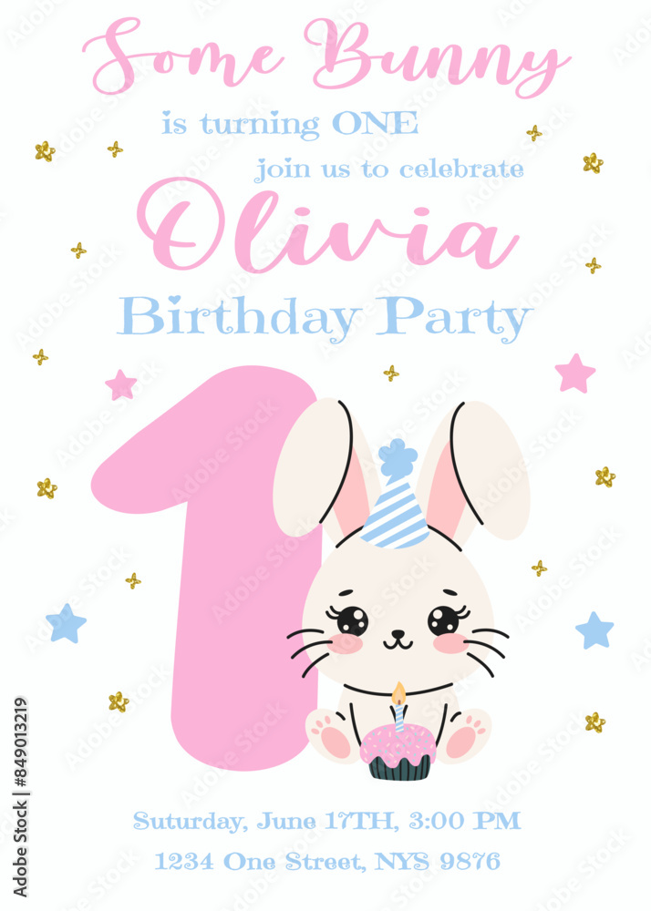Birthday invitation card design with number and rabbit. One year. Vector illustration with cute white bunny. Invitation for children in pink and blue color. Ready to use and editable template. Birthday invitation card design with number and rabbit. One year. Vector illustration with cute white bunny. Invitation for children in pink and blue color. Ready to use and editable template.