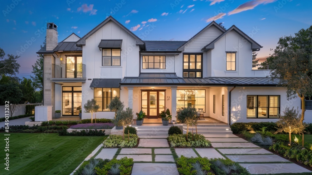Beautiful modern farmhouse style luxury home exterior at twilight. Beautiful modern farmhouse style luxury home exterior at twilight.