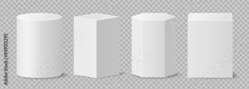 Pedestals or podium, abstract geometric empty museum scenes, exhibits for award ceremony or product presentation. Gallery platform, geometric empty product stands, realistic 3d vector set