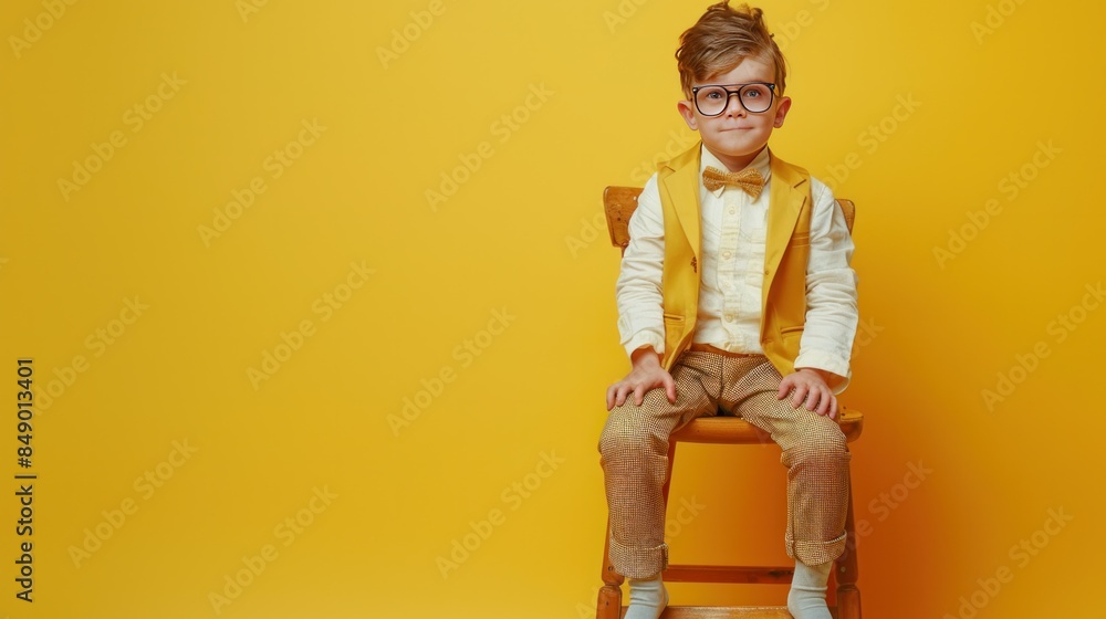 Boy standing on a wooden chair in modern clothes with hipster glasses and fashion clothes. creative animal billboard Pastel yellow background with copyright space. Boy standing on a wooden chair in modern clothes with hipster glasses and fashion clothes. creative animal billboard Pastel yellow background with copyright space.
