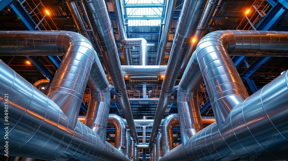A complex network of industrial pipes and structures, seen from a low angle. The pipes are arranged in a maze-like pattern, creating a sense of depth and scale. A complex network of industrial pipes and structures, seen from a low angle. The pipes are arranged in a maze-like pattern, creating a sense of depth and scale.