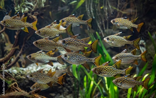 Flock of Denison's spiny fish Puntius denisonii in freshwater aquarium photo