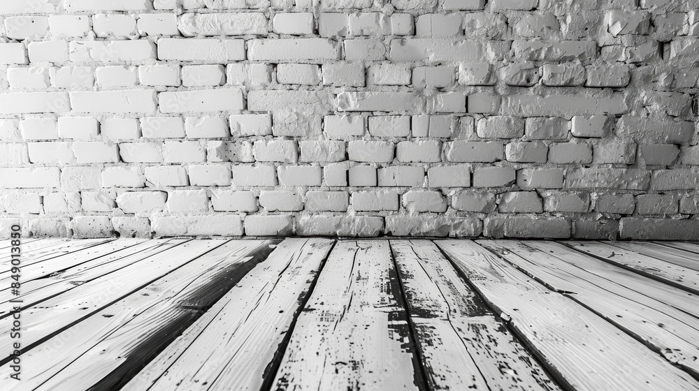 A monochrome image of a white brick wall and a wooden floor. A monochrome image of a white brick wall and a wooden floor.