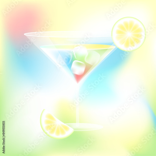 Summer dreamy blurred cocktail with ice cubes and lemon. Vector stock illustration.