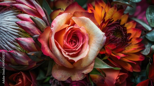 Colorful close up view of a beautiful rose with protea photo