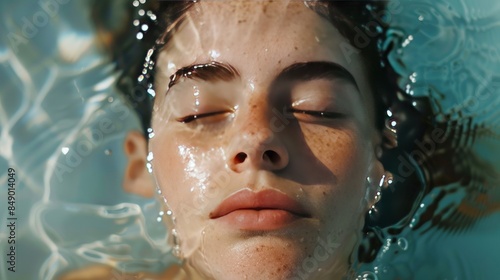 Close Up Beauty Woman's Face Floating in a Pool © HPMP Studio
