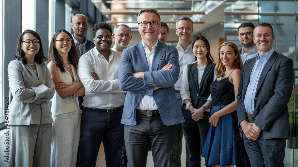 Diverse group of business people team standing in an office, smiling and looking at the camera with arms crossed. A man posing as the leader is in the center posing for a portrait Diverse group of business people team standing in an office, smiling and looking at the camera with arms crossed. A man posing as the leader is in the center posing for a portrait