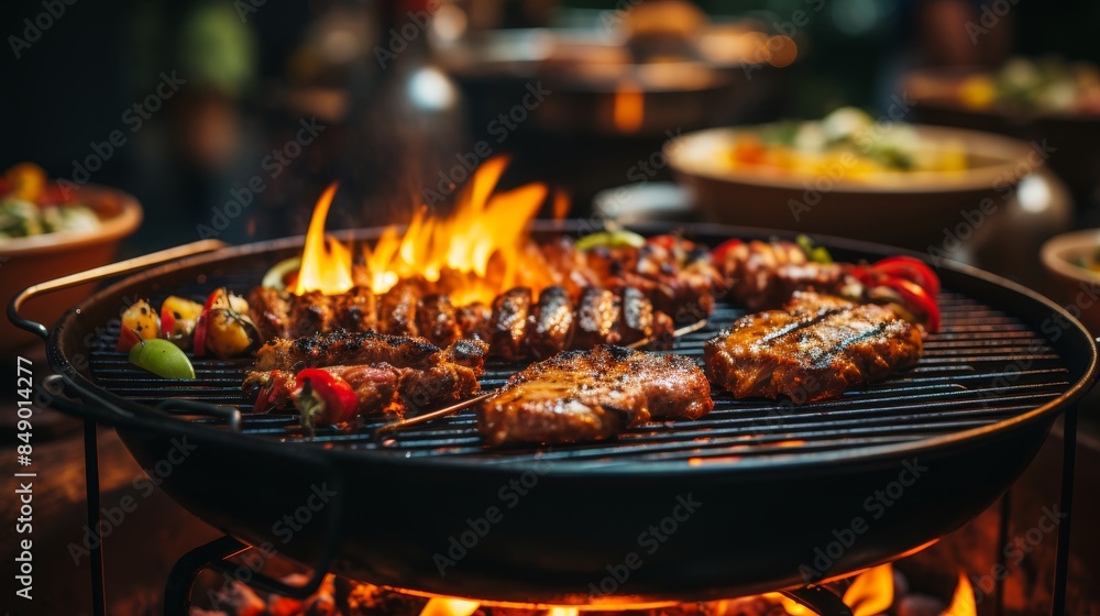 Close-up of bbq grill with blurred background of backyard party, summer cookout concept Close-up of bbq grill with blurred background of backyard party, summer cookout concept