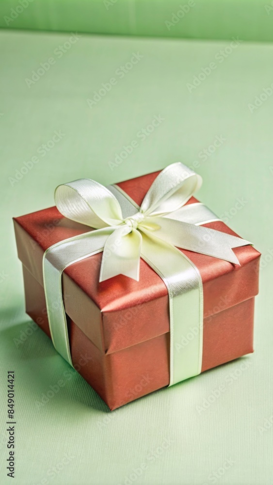 The photo shows a beautifully wrapped gift box. The box is covered in shiny red wrapping paper and tied with a white satin ribbon, forming a neat bow on top. The photo shows a beautifully wrapped gift box. The box is covered in shiny red wrapping paper and tied with a white satin ribbon, forming a neat bow on top.