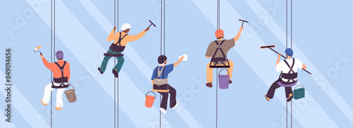 Industrial alpinists hanging with harness, clean window on height. Group of maintenance workers with safety rope, climbers in helmets wash, wipe glass of highrise building. Flat vector illustration