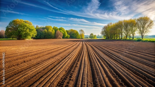 Freshly tilled field in spring with rows of rich dark soil ready for planting, agriculture