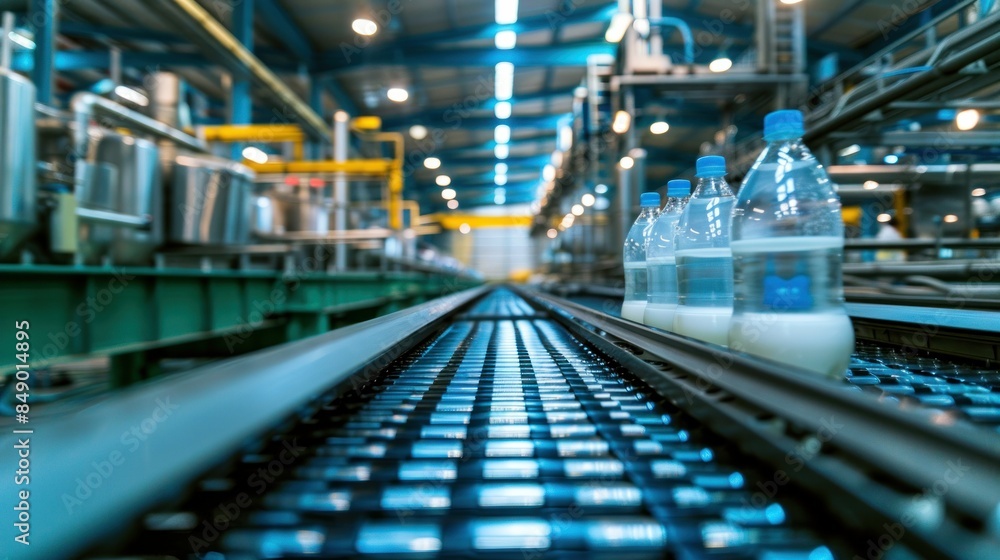Naklejka premium factory, production line, conveyor belt, dairy, milk, bottle, plastic, beverage, food, manufacturing, industry, liquid, container, automated, assembly line, processing, bottling, carton, commercial, m
