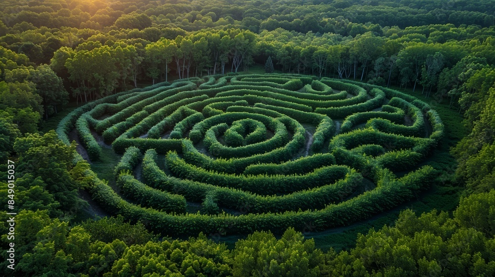 Aerial view of a large green maze in a forest, with the sun setting in the background. Aerial view of a large green maze in a forest, with the sun setting in the background.
