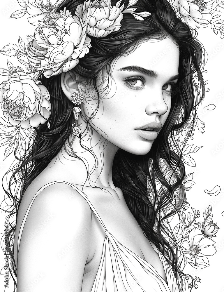A woman with long hair and a flower crown on her head. She has a very pretty face and is wearing earrings A woman with long hair and a flower crown on her head. She has a very pretty face and is wearing earrings