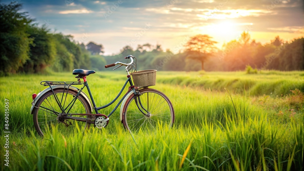 Bicycle parked in a lush green field with tall grass, bicycle, field, grass, nature, park, outdoors, transportation