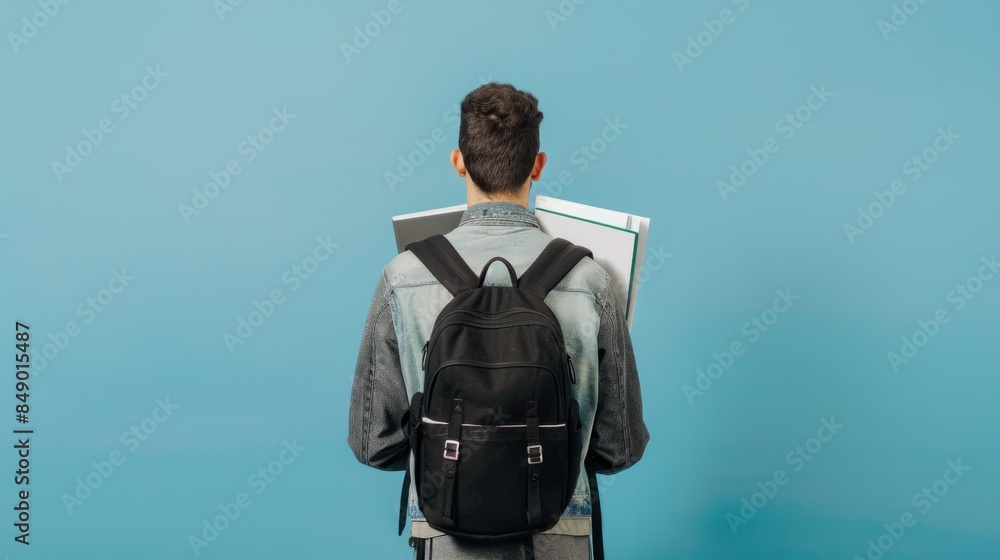 Male student wearing a backpack holding a notebook on a blue background Male student wearing a backpack holding a notebook on a blue background