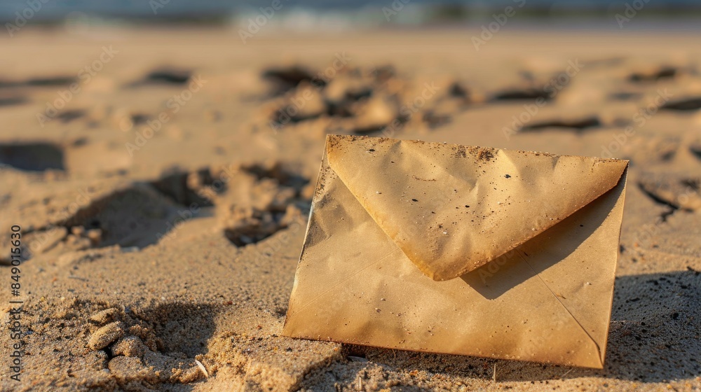 Envelope with mail on sandy beach background Envelope with mail on sandy beach background