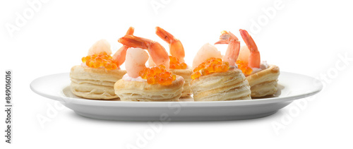 Delicious puff pastry with shrimps, cream cheese and red caviar isolated on white photo
