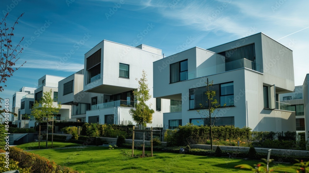 Fototapeta premium Futuristic urban living: geometric cubic shaped modern houses creating a visually striking and contemporary architectural landscape