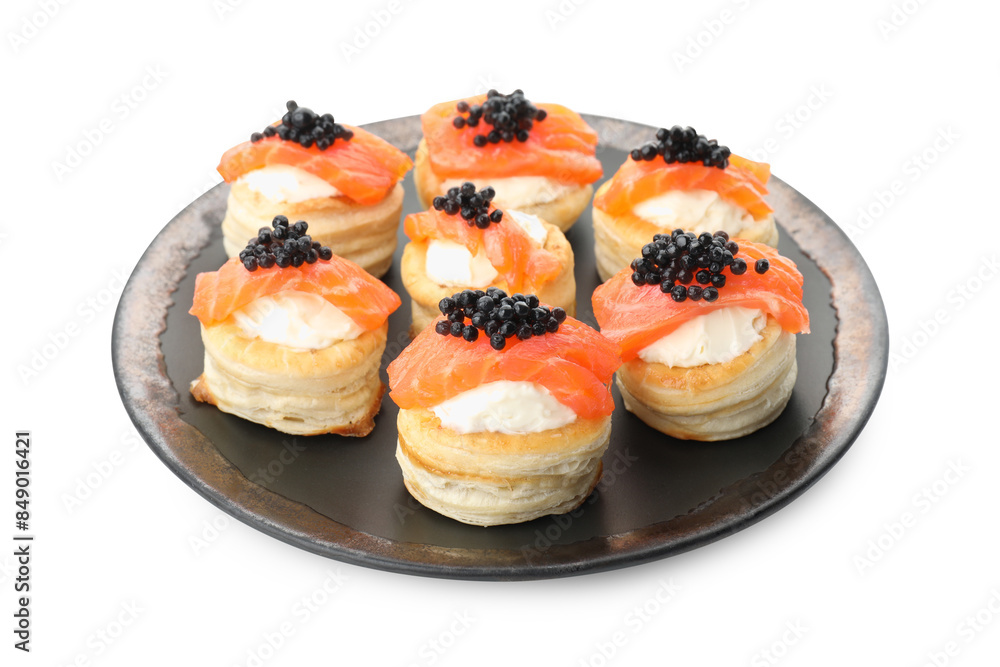 Delicious puff pastry with cream cheese, salmon and black caviar isolated on white Delicious puff pastry with cream cheese, salmon and black caviar isolated on white