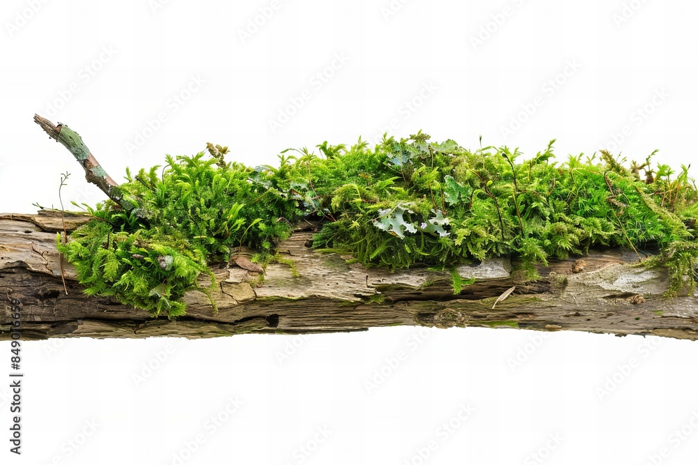 Fresh green moss on rotten branch isolated on white, clipping path. Fresh green moss on rotten branch isolated on white, clipping path.