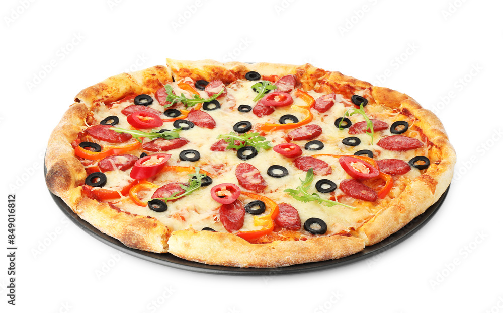 Tasty pizza with cheese, dry smoked sausages, olives, chili pepper and arugula isolated on white Tasty pizza with cheese, dry smoked sausages, olives, chili pepper and arugula isolated on white
