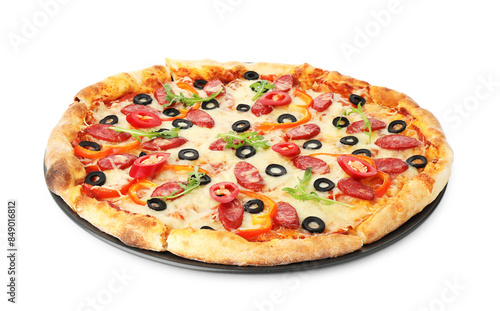Tasty pizza with cheese, dry smoked sausages, olives, chili pepper and arugula isolated on white