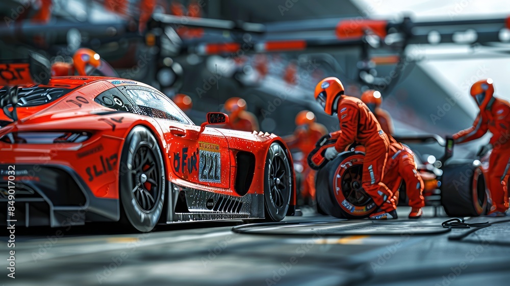 Fototapeta premium Pit Stop Action: Race Car Refueled by Crew