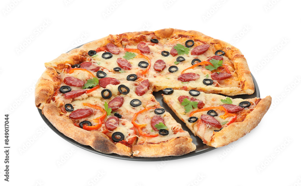 Tasty pizza with dry smoked sausages, olives, pepper and cheese isolated on white Tasty pizza with dry smoked sausages, olives, pepper and cheese isolated on white