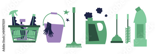 Vector trendy doodle cleaning icon set, clip art. Vacuum cleaner, protective gloves, plunger, spray bottle, squeegee, sponge, bucket, mop, brush, duster and many more. 