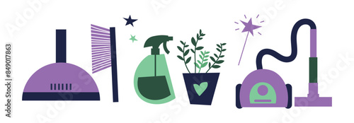 Vector trendy doodle cleaning icon set, clip art. Vacuum cleaner, protective gloves, plunger, spray bottle, squeegee, sponge, bucket, mop, brush, duster and many more.