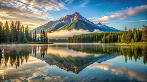 Mountain reflection on calm lake surrounded by serene nature, mountain, reflection, lake, serene, nature, tranquil © Sangpan