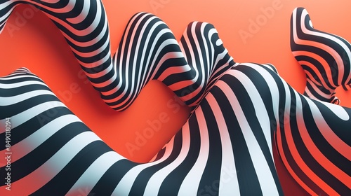 Abstract of wavy black and white striped shapes on a vibrant orange background.