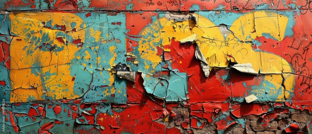 Fototapeta premium Graffiti letters and characters on a dilapidated building, rich textures and vibrant colors, capturing the essence of street art