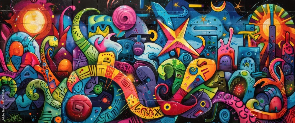 Naklejka premium Graffiti mural depicting urban life, vibrant colors and detailed designs, capturing the essence of street culture