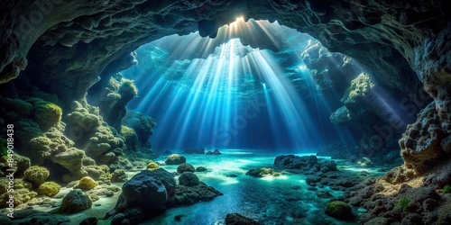 Serene underwater cave with ethereal lighting, underwater, cave, serene, ethereal, lighting, peaceful, tranquil photo