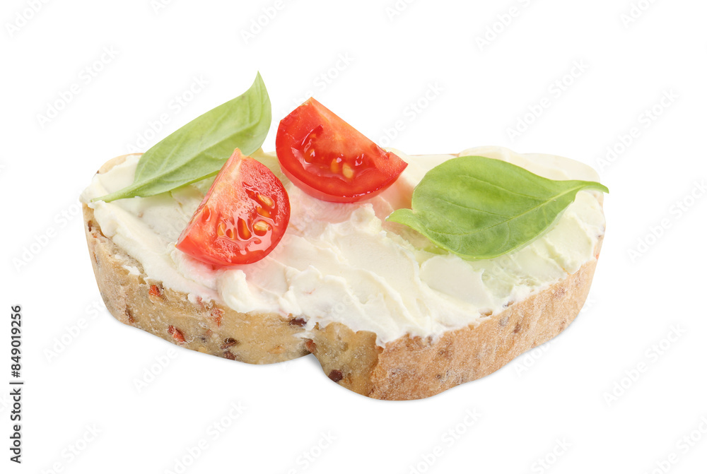 Piece of bread with cream cheese, basil leaves and tomato isolated on white Piece of bread with cream cheese, basil leaves and tomato isolated on white