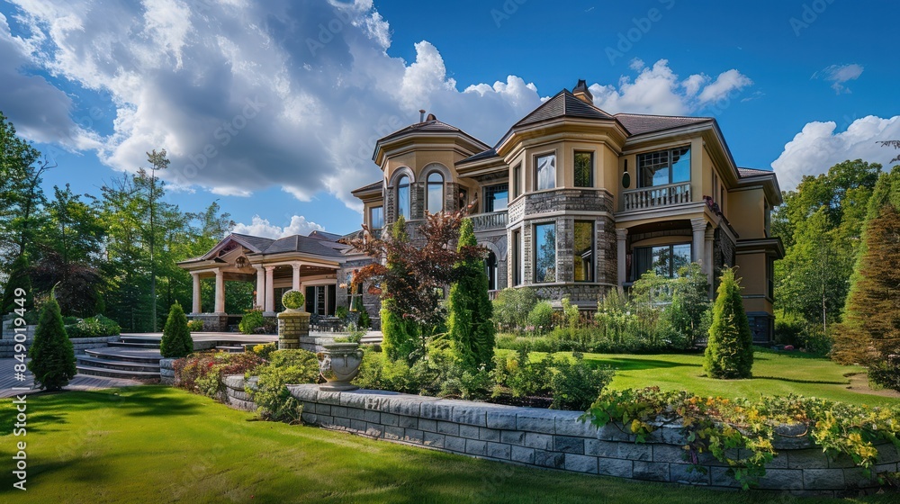 Obraz premium Luxury house with beautiful landscaping on a sunny day. Home exterior