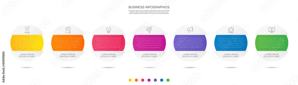 Vector infographics seven circles. Business concept of 7 steps, options. Infographic template for diagram, business, web, banner, presentations, flowchart, content, levels, chart Vector infographics seven circles. Business concept of 7 steps, options. Infographic template for diagram, business, web, banner, presentations, flowchart, content, levels, chart