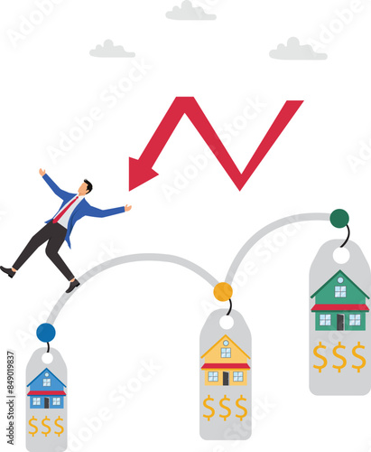 Housing prices fall, decline in real estate and property prices, property investment losses, businessman fell from a red graph running down the roof of the house concept