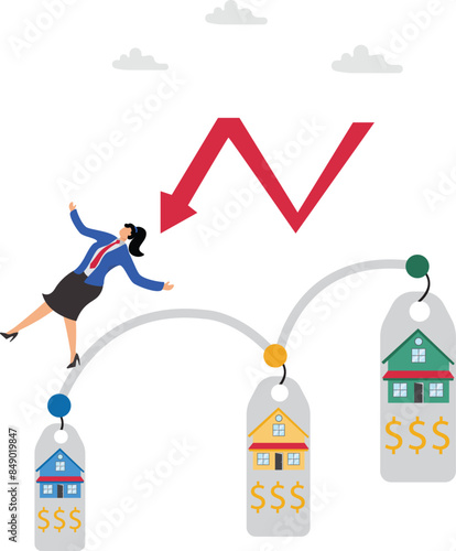 Housing prices fall, decline in real estate and property prices, property investment losses, businesswoman fell from a red graph running down the roof of the house concept