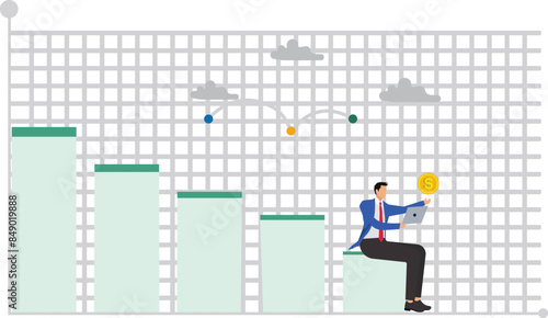 Task management, Gantt chart for project planing, executing workflow for business success concept, Businessman working with laptop computer sitting on last horizontal bar of project Gantt chart