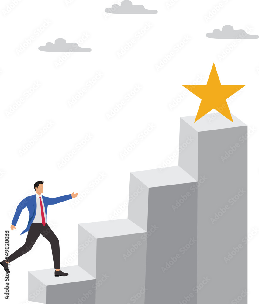 Journey to achieve hope of success in business, hope of career development progress, growing journey to achieve business success, businessman running up stairs to reach star Journey to achieve hope of success in business, hope of career development progress, growing journey to achieve business success, businessman running up stairs to reach star