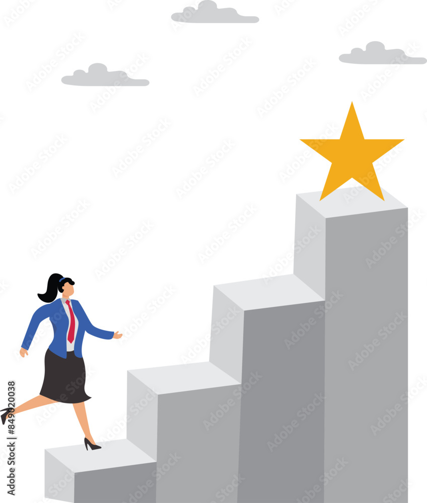 Journey to achieve hope of success in business, hope of career development progress, growing journey to achieve business success, businesswoman running up stairs to reach star Journey to achieve hope of success in business, hope of career development progress, growing journey to achieve business success, businesswoman running up stairs to reach star