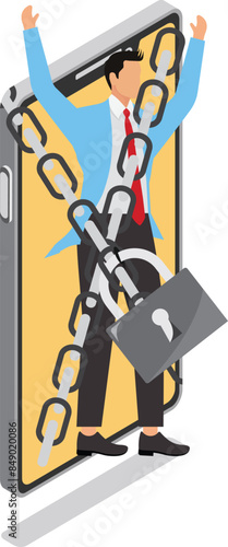 Nomophobia or no mobile phone phobia, overusing mobile phone concept, business people who are afraid to remove from mobile phone connectivity, Businessman Chained to Big Smart Phone